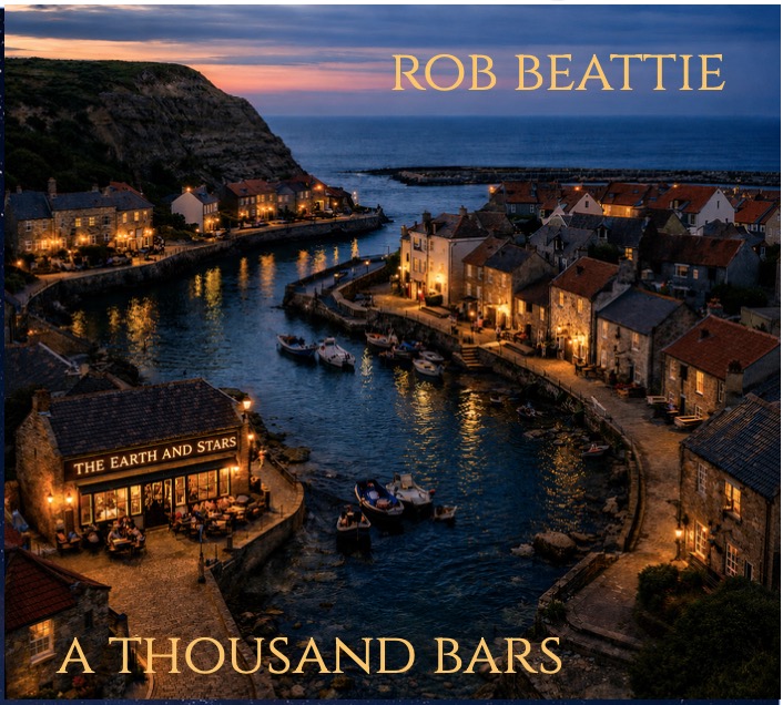 Cover of A Thousand Bars CD by Rob Beattie showing a fishing village scene at sunset.